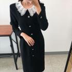 Crochet Lace Collar Long-sleeve Midi Sheath Dress