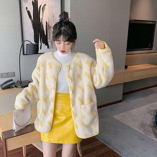 Faux Shearling Banana Print Buttoned Jacket / Mock-turtleneck Long-sleeve Top / Faux Leather A-line Skirt