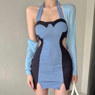 Halter-neck Two Tone Mini Dress / Shrug