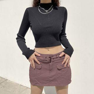 Long Sleeve Mock Neck Ribbed-knit Crop Sweater