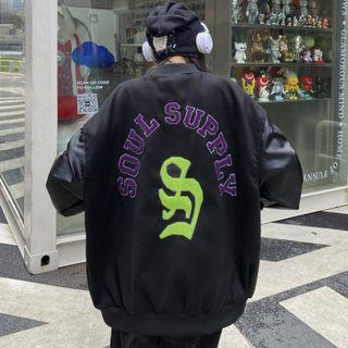 Letter Embroidered Faux Leather Panel Jacket