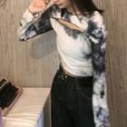 Tie-dyed Cut-out Long-sleeve T-shirt Dirty White - One Size