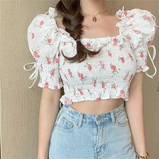 Floral Print Ruched Cropped Top White - One Size