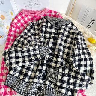 Checkerboard Button-up Crew-neck Knit Top