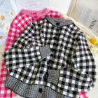 Checkerboard Button-up Crew-neck Knit Top