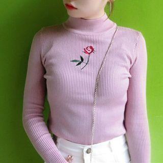 Mock-neck Flower Embroidered Long-sleeve Knit Top