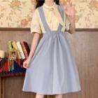 Short-sleeve Bow Frill Trim Blouse / A-line Suspender Skirt