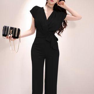 Set: Tie-waist Short-sleeve Blouse + High-waist Cropped Wide-leg Pants