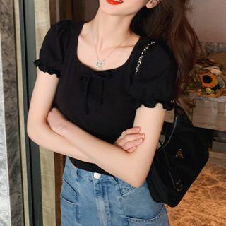 Ruffle Trim Tie-neck Short-sleeve Cropped T-shirt