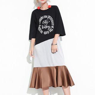 Color Block 3/4-sleeve Midi A-line Dress