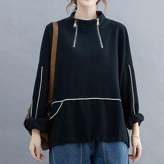 Long-sleeve Contrast Trim Zipper Detail Top