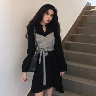 Mock Two-piece Long-sleeve Plaid Panel Shirtdress