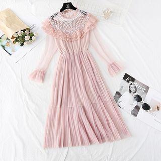 Long-sleeve Pleated Ruffled Dress