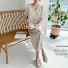 V-neck Linen Blend Maxi Knit Dress Oatmeal - One Size