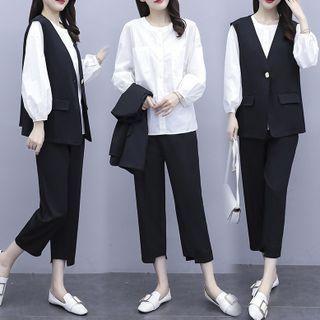 Set: Long-sleeve Blouse + Vest + Straight Leg Pants