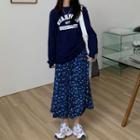 Round-neck Lettering Long-sleeve Sweatshirt / High-waist Printed Maxi Skirt
