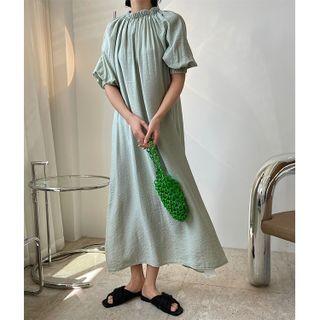 Puff-sleeve Plain Maxi A-line Dress Mint Green - One Size