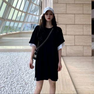 Mock-two Piece Short-sleeve T-shirt Dress Black - One Size