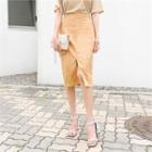 Slit-front Linen Blend Midi Pencil Skirt