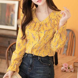Ruffle Chiffon-trim Floral Blouse