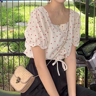 Dotted Square-neck Drawstring Blouse