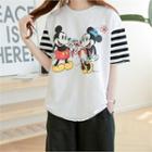 Stripe-sleeve Mickey Mouse Print T-shirt