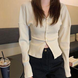 Long Sleeve V-neck Buttoned Top Almond - One Size