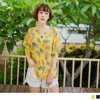 Batwing-sleeve Leaves Print Blouse