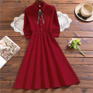 Long Sleeve Bow Neck Corduroy Dress