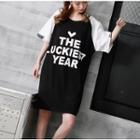 Elbow-sleeve Two-tone Lettering T-shirt Dress