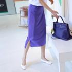 Band-waist Pleated Asymmetric-hem Skirt