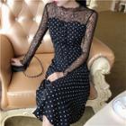 Long-sleeve A-line Midi Lace Dress Black - One Size