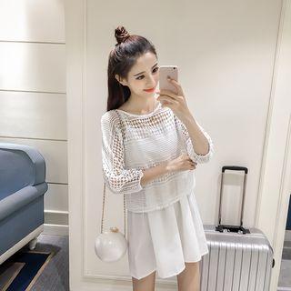 Set : Lace 3/4-sleeve Top + Spaghetti Strap Dress