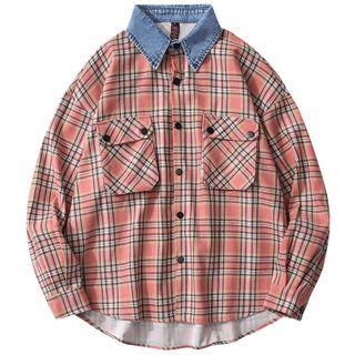Denim Collar Panel Plaid Shirt
