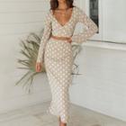 Set: Dotted V-neck Cropped Top+ Bodycon Maxi Skirt
