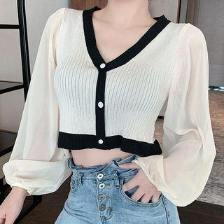 Long-sleeve Panel Contrast Trim Knit Crop Top