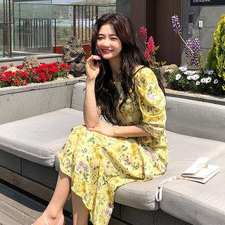 Puff-sleeve Floral Long Mermaid Dress