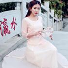Set: 3/4-sleeve Embroidered Top + A-line Midi Skirt