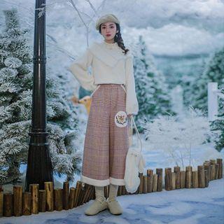 Cat Embroidered Plaid Wide Leg Pants
