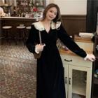 Long-sleeve Lace Collar Velvet Midi Dress Black - One Size