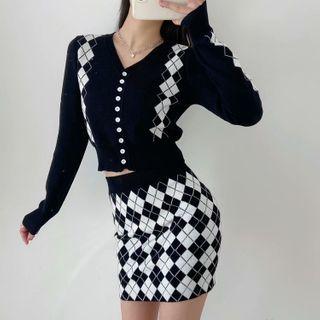 Argyle Cardigan / Mini Fitted Skirt