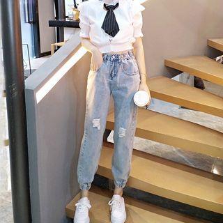 Set: Short-sleeve Blouse + Rip Straight Fit Jeans