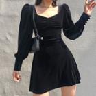 Long-sleeve Faux Pearl Mini A-line Velvet Dress