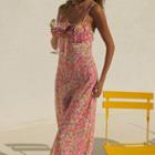 Spaghetti Strap Tie-front Floral Print Long Dress