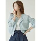 Collarless Flap Linen Blend Jacket Sky Blue - One Size