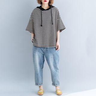 Striped Elbow-sleeve Hoodie As Shown In Figure - One Size