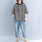 Striped Elbow-sleeve Hoodie As Shown In Figure - One Size