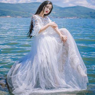 3/4-sleeve Mesh-overlay Maxi A-line Dress