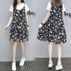 Set: Plain Short-sleeve T-shirt + Flower Print Pinafore Dress