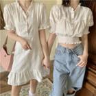 Puff-sleeve Ruffle Trim Cropped Blouse / Mini A-line Dress